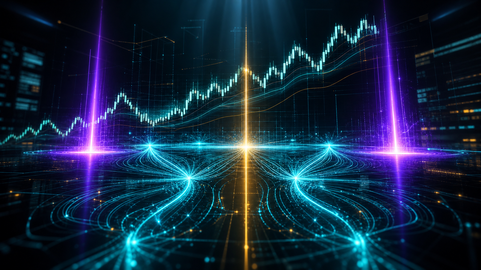 Market Makers — cinematic visualization of dealer gamma hedging as invisible magnetic force fields pulling the SPX price toward call and put walls